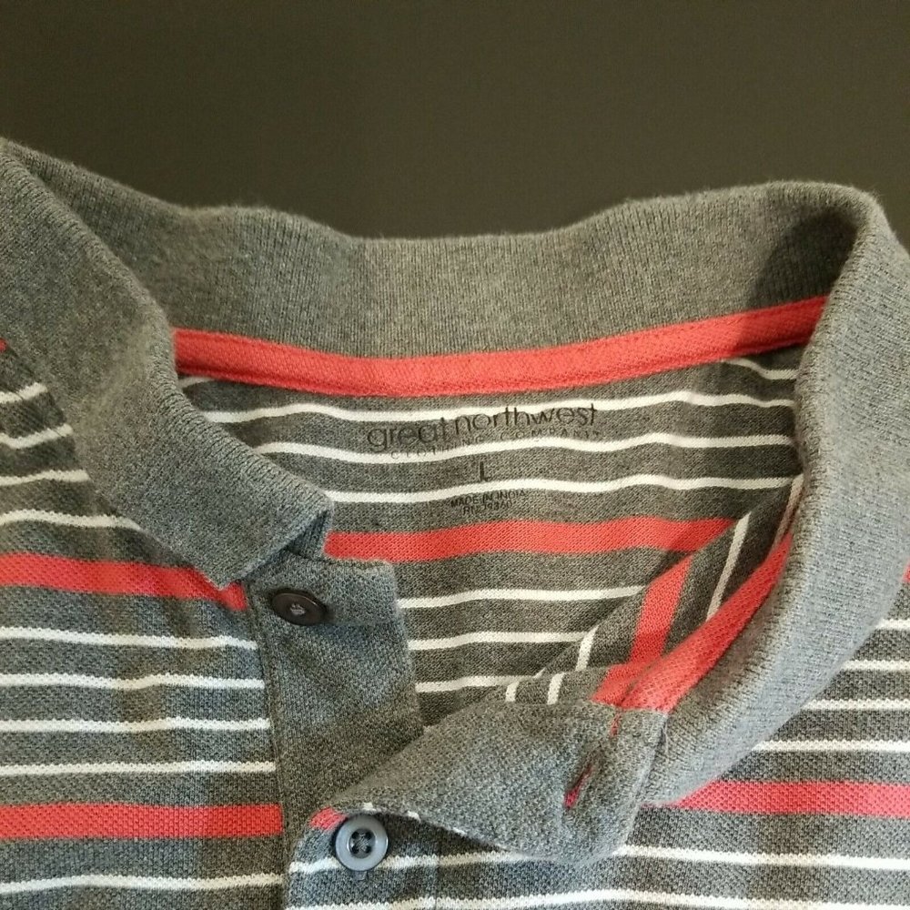 Great Northwest Short Sleeve Casual Polo Shirt Mens Large Grey Red Stripe Sport - Picture 9 of 11